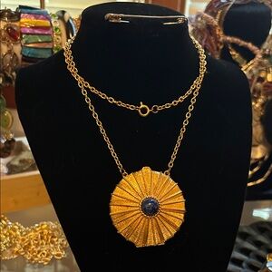 Vintage Estee Lauder Gold perfume Pendant Necklace with Blue Accent